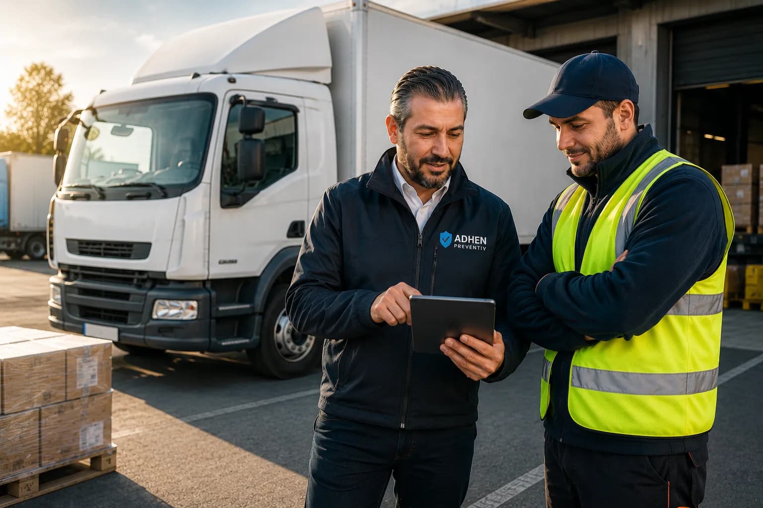 Un conseiller ADHEN PREVENTIV fait le point sur tablette avec un chauffeur en gilet de sécurité, devant un camion