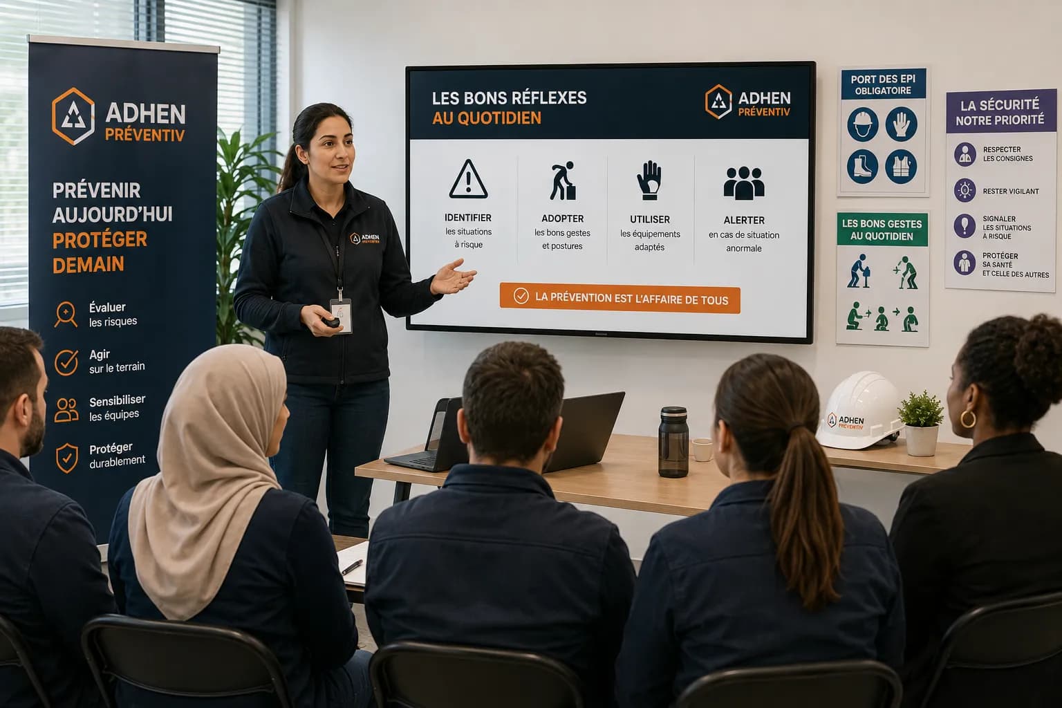 Animatrice ADHEN PREVENTIV présentant les bons réflexes de sécurité à une équipe