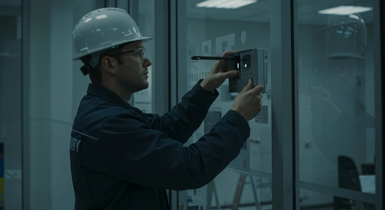 Technicien casqué vérifiant un panneau mural sur un site